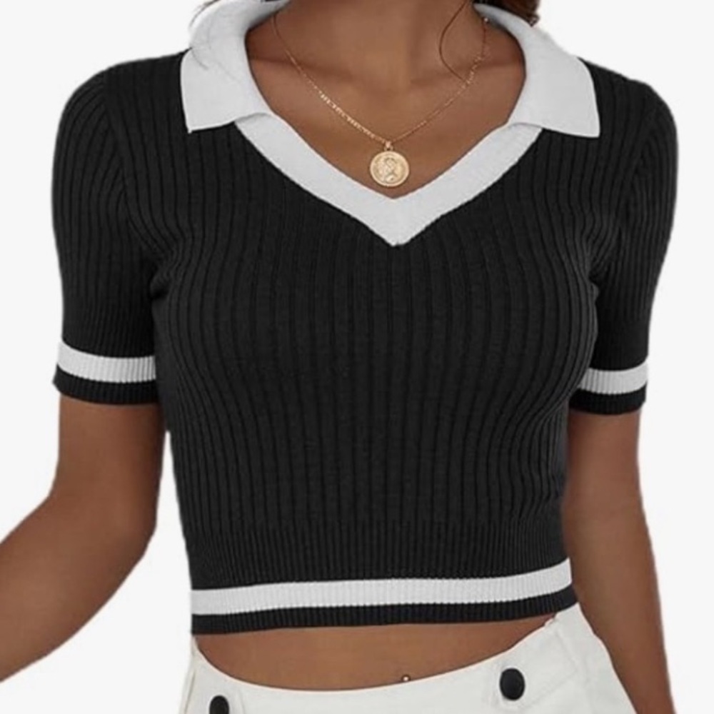 Brand New Women's Short Sleeve Ribbed Crop Sweater Top Black and White